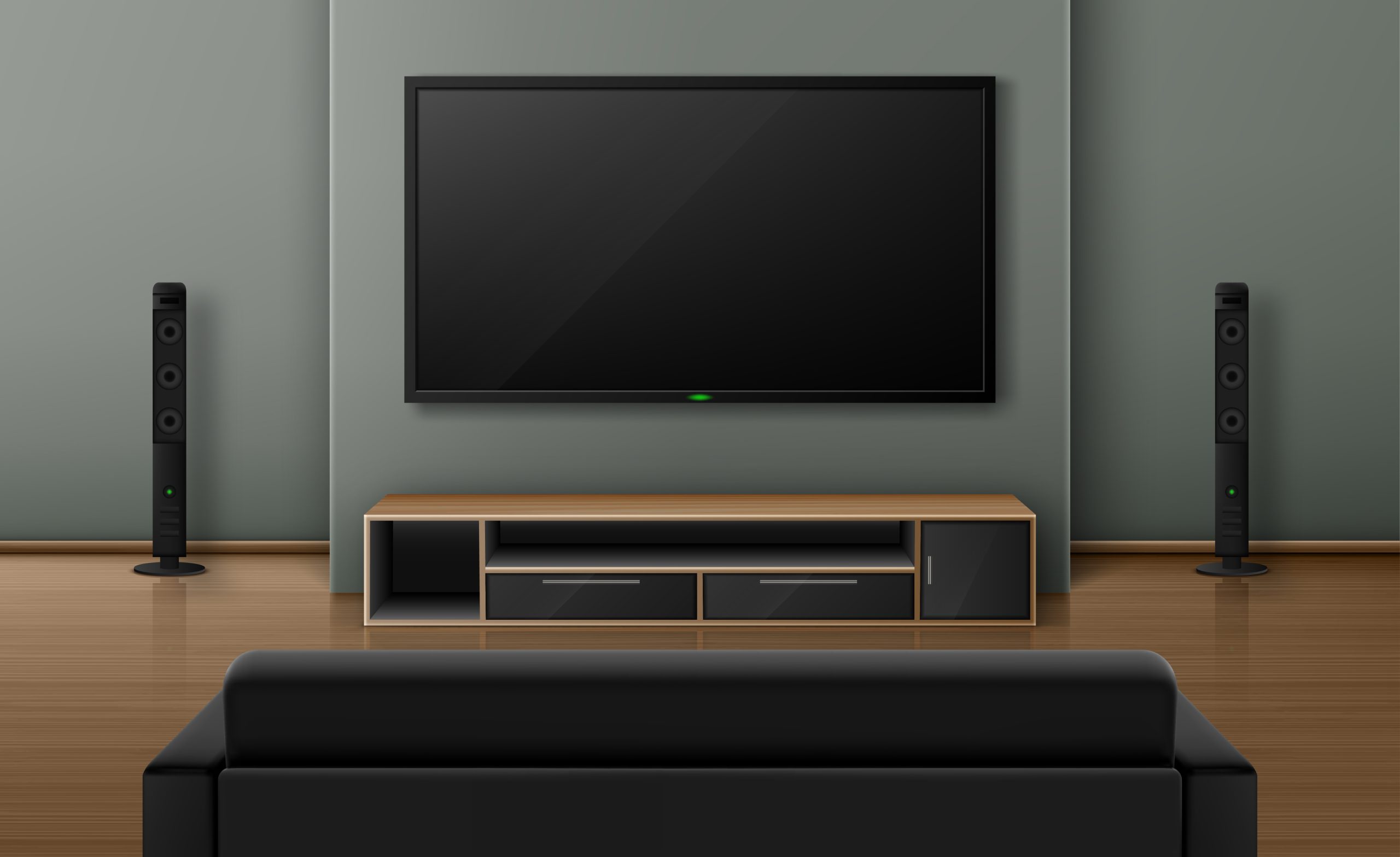 Home theater system with television on wall, empty house apartment with wooden floor. 