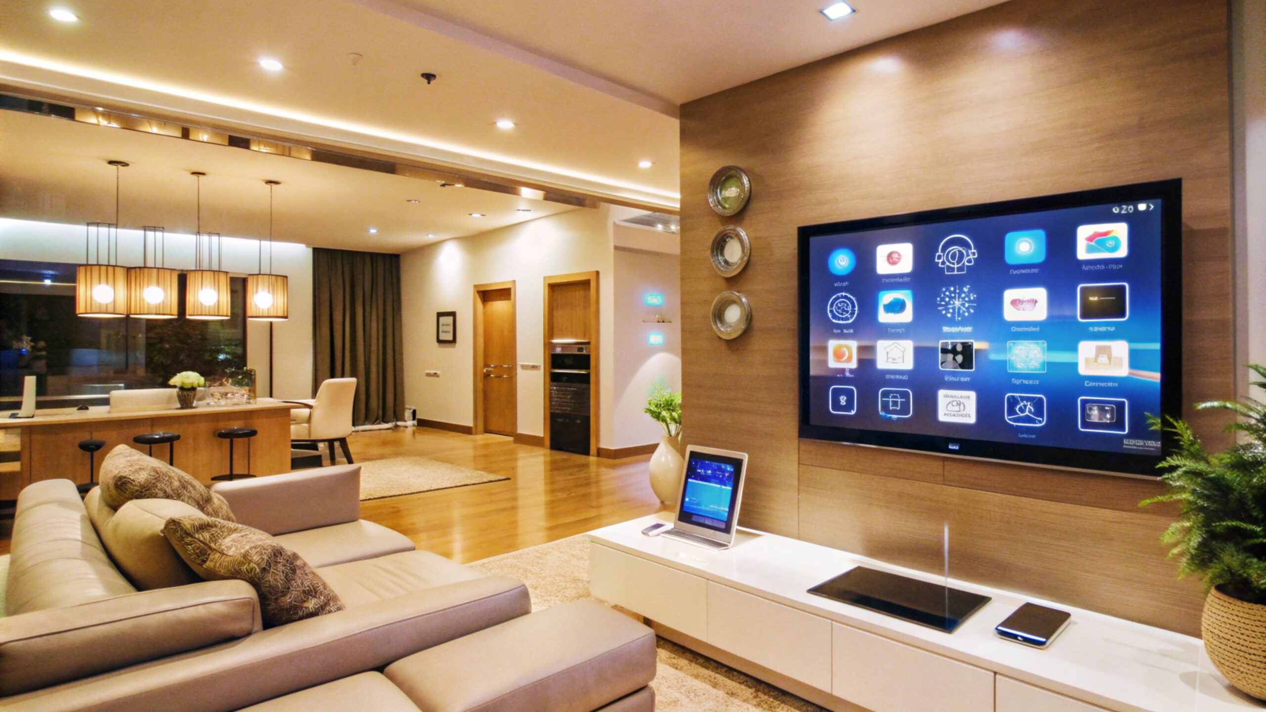 Modern living room interior with a large TV screen displaying a home automation system. Home Theater